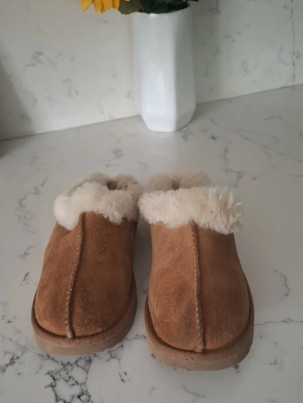 UGG Kids Chestnut Suede Sheepskin Clog Slippers with Cream Lining